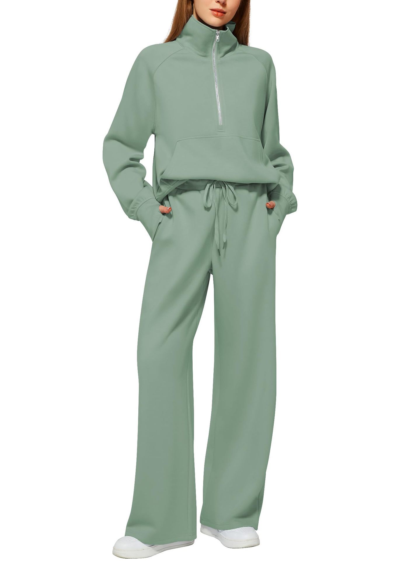 Women's Half-Zip Sweatshirt & Wide Leg Pants Set - 2 Piece