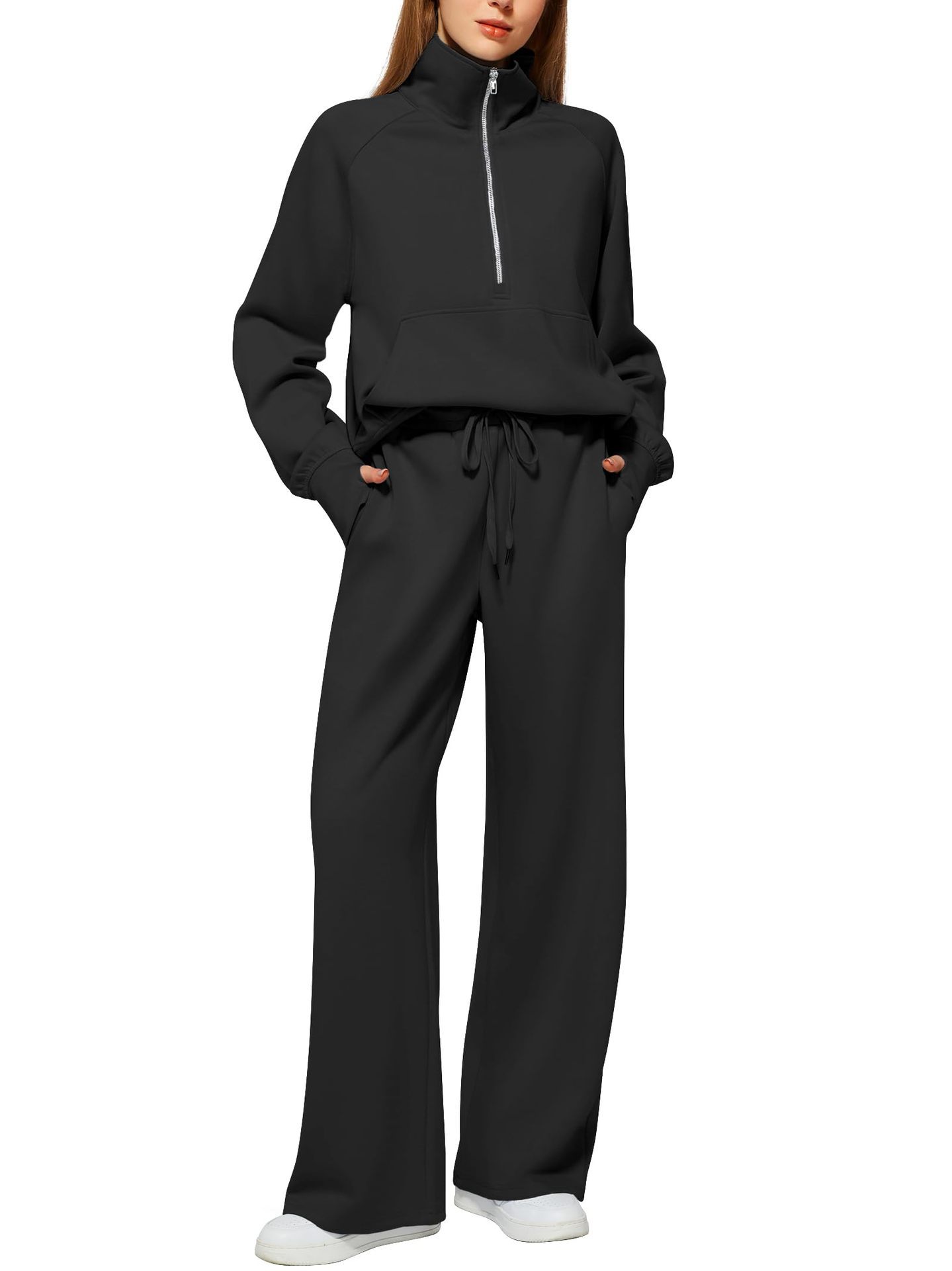 Women's Half-Zip Sweatshirt & Wide Leg Pants Set - 2 Piece