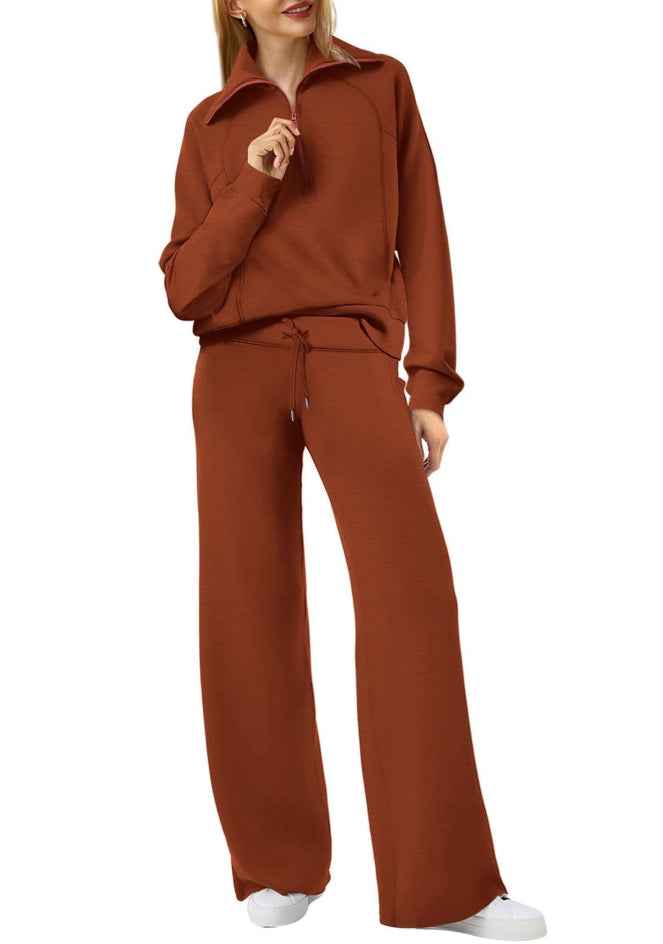 Women's Half-Zip Sweatshirt & Wide Leg Pants Set - 2 Piece