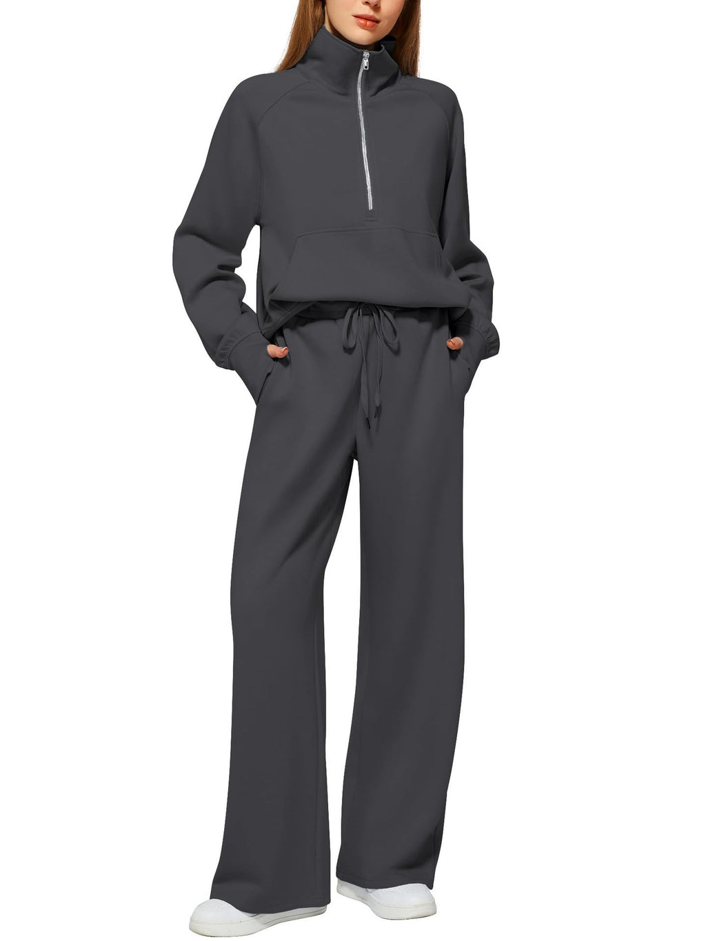 Women's Half-Zip Sweatshirt & Wide Leg Pants Set - 2 Piece