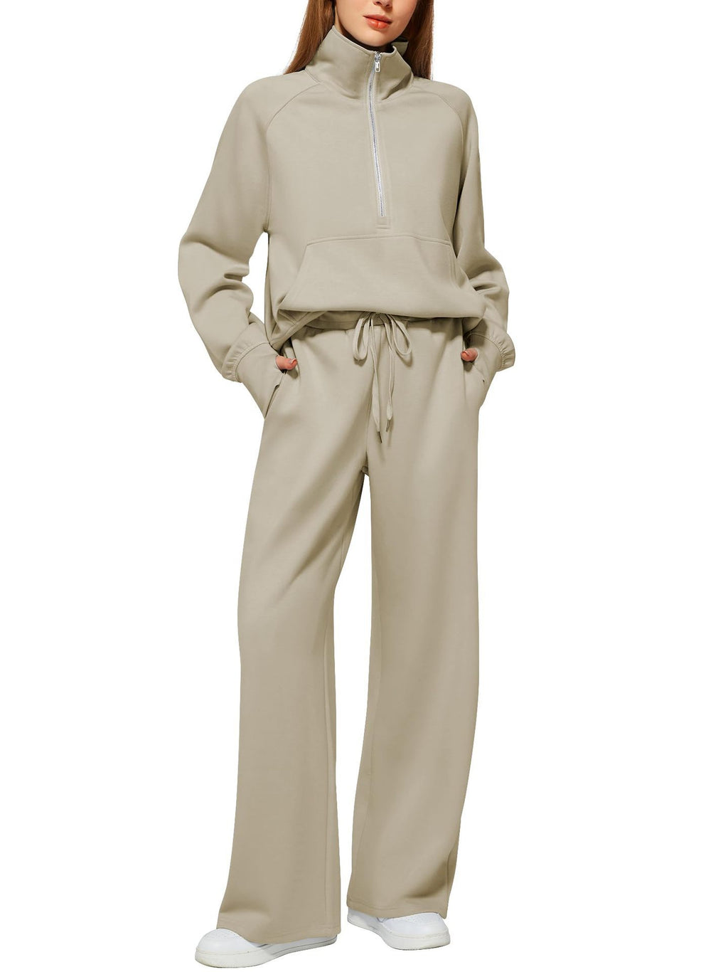 Women's Half-Zip Sweatshirt & Wide Leg Pants Set - 2 Piece