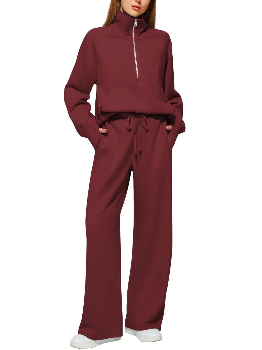 Women's Half-Zip Sweatshirt & Wide Leg Pants Set - 2 Piece