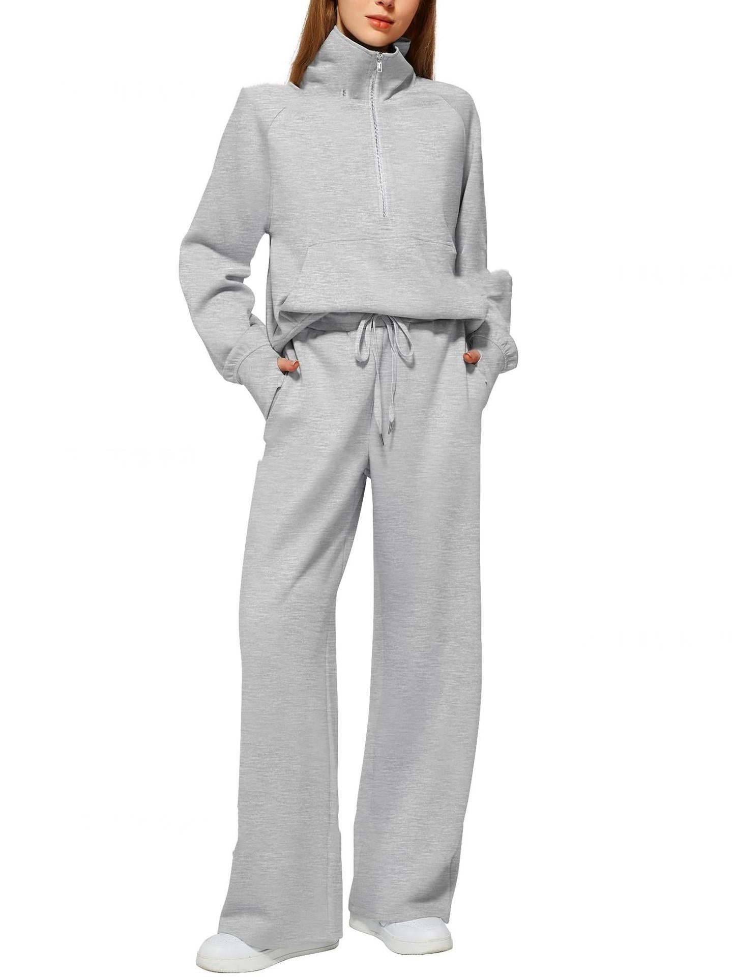 Women's Half-Zip Sweatshirt & Wide Leg Pants Set - 2 Piece