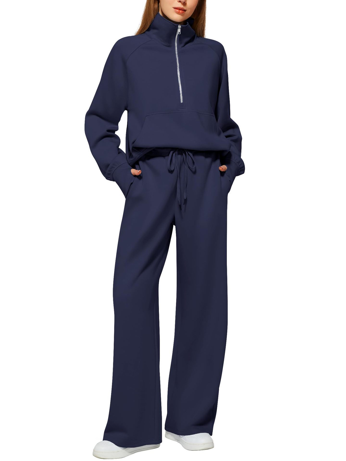 Women's Half-Zip Sweatshirt & Wide Leg Pants Set - 2 Piece