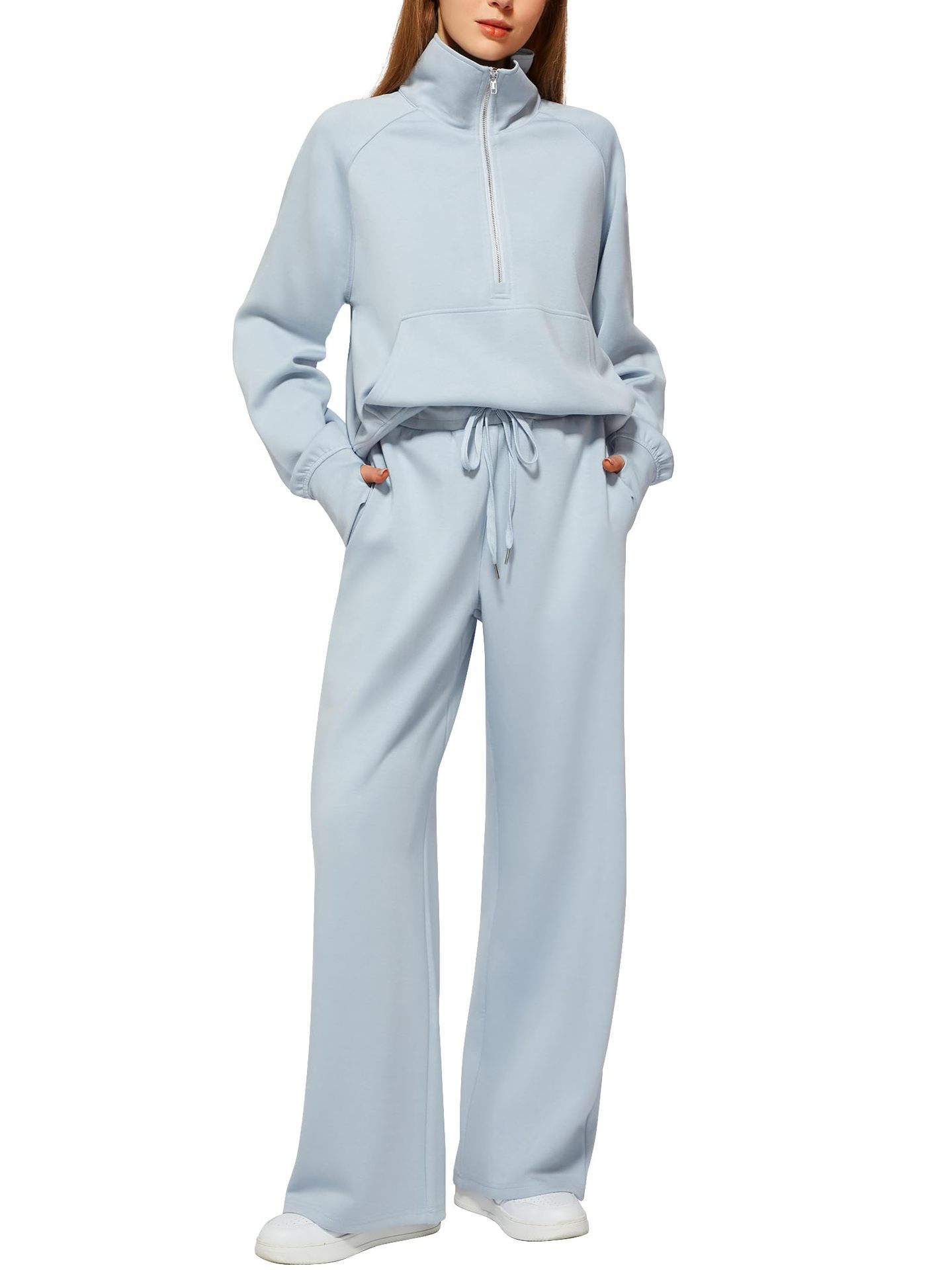Women's Half-Zip Sweatshirt & Wide Leg Pants Set - 2 Piece