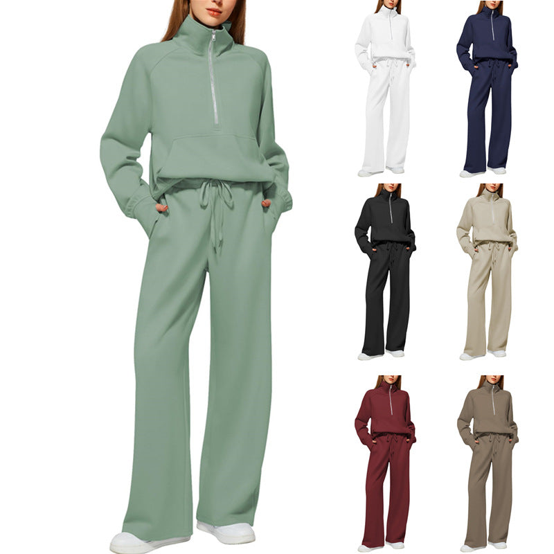 Women's Half-Zip Sweatshirt & Wide Leg Pants Set - 2 Piece