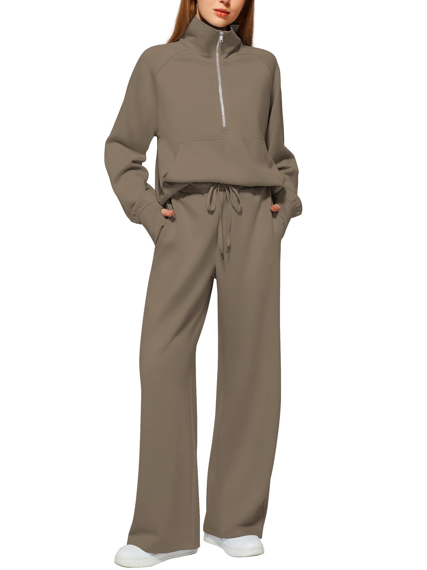 Women's Half-Zip Sweatshirt & Wide Leg Pants Set - 2 Piece